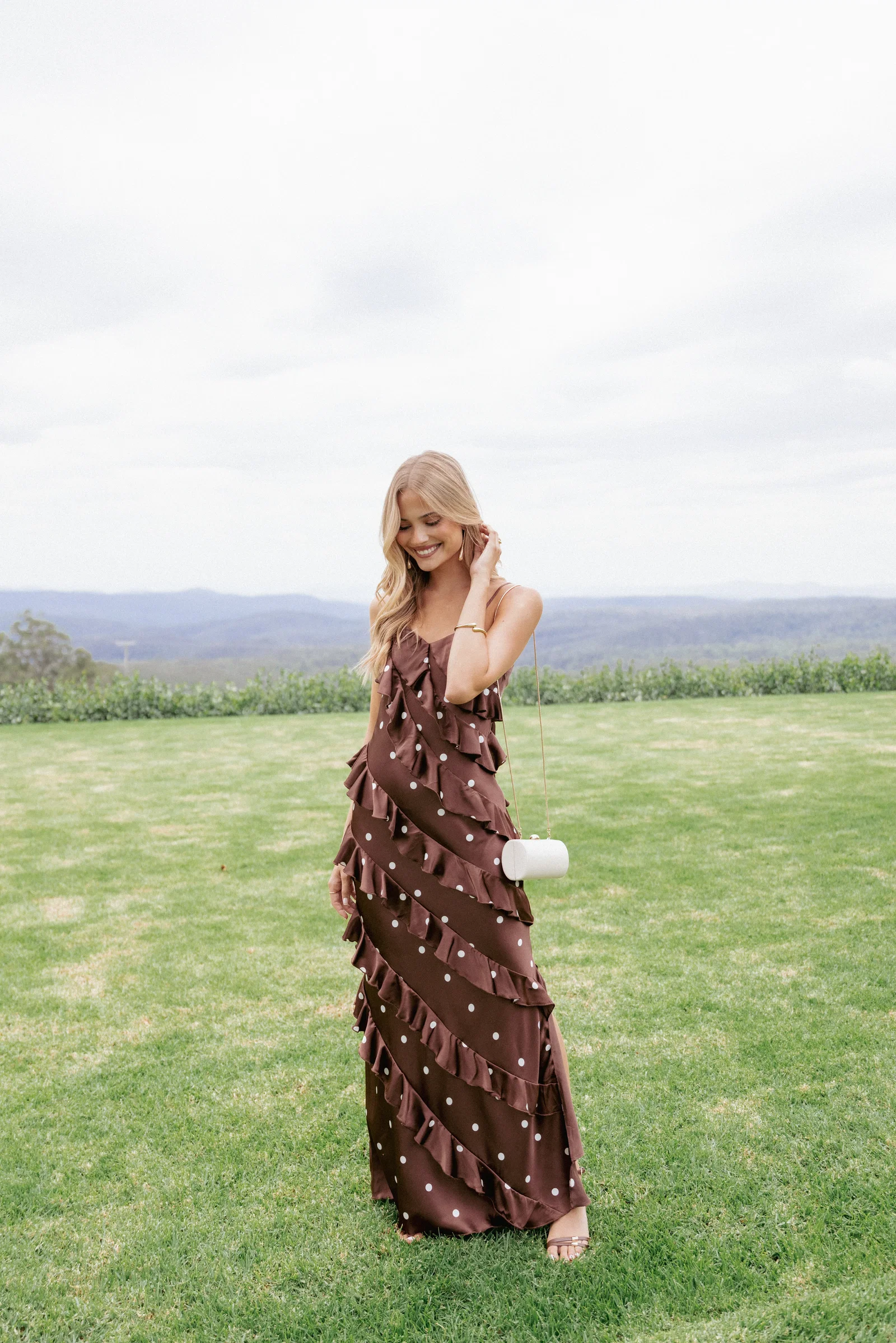 Image of Ciao Ruffles Maxi Satin Dress - Brown Polka Dot