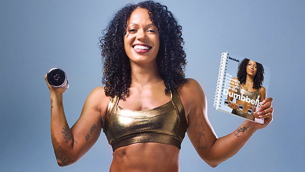 Nellie Barnett, CPT, posing with a dumbbell and the Woman's Guide to Strength Training: Dumbbells