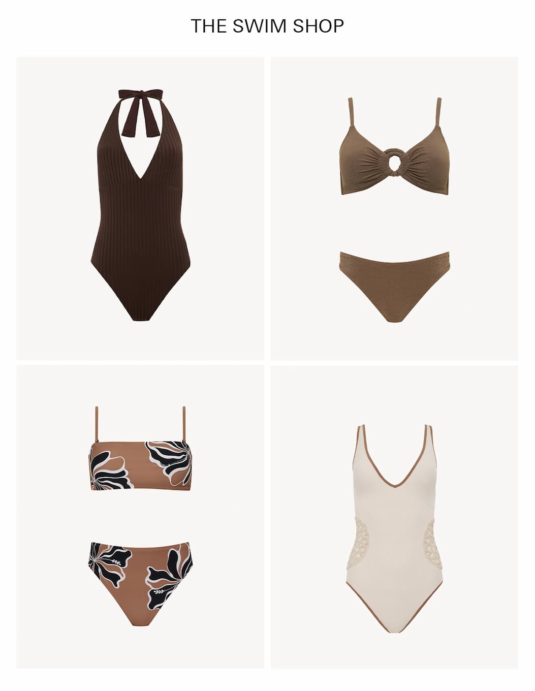 grid of swimsuits featuring one piece, bikinis, printed and sequin
