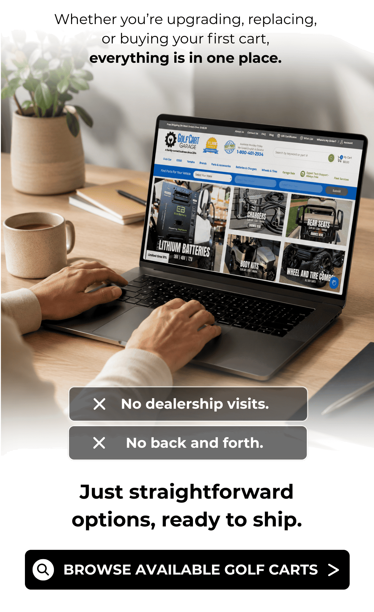 Whether you’re upgrading, replacing, or buying your first cart, everything is in one place.  No dealership visits. No back and forth.  Just straightforward options, ready to ship.  [ Browse Available Golf Carts → ]