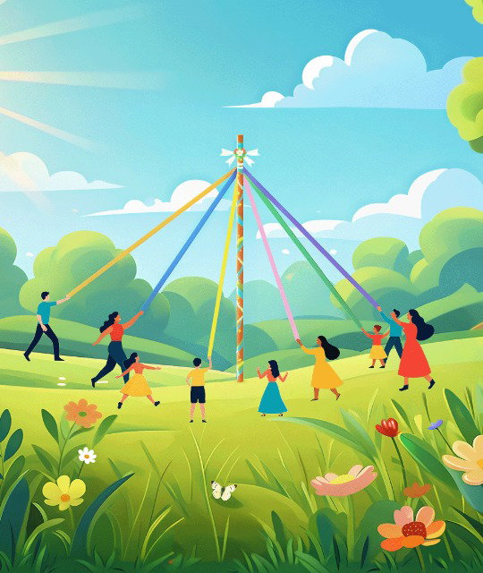 A cartoon of a group people dancing around a May pole. 