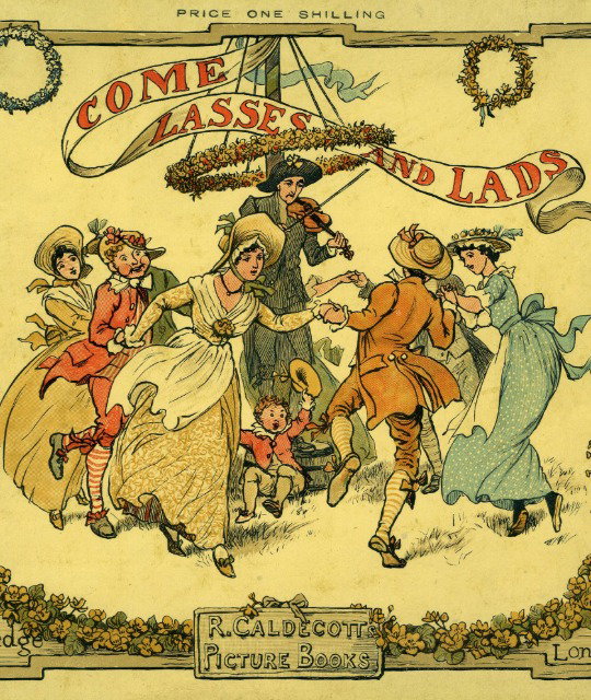 Children's book with wood engravings of boys and girls dancing around a May Day poll. 