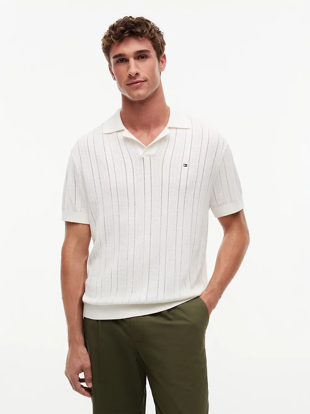 Strukturiertes Relaxed Fit Pointelle-Poloshirt mit Leinen