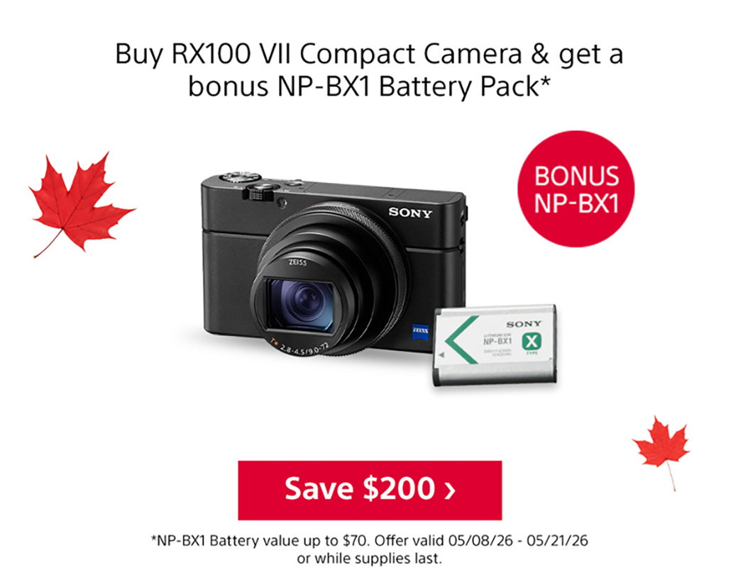 Buy RX100 VII Compact Camera & get a bonus NP-BX1 Battery Pack* | Bonus NP-BX1 | Save | *NP-BX1 Battery value up to $70. Offer valid 05/08/26 - 05/21/26 or while supplies last.