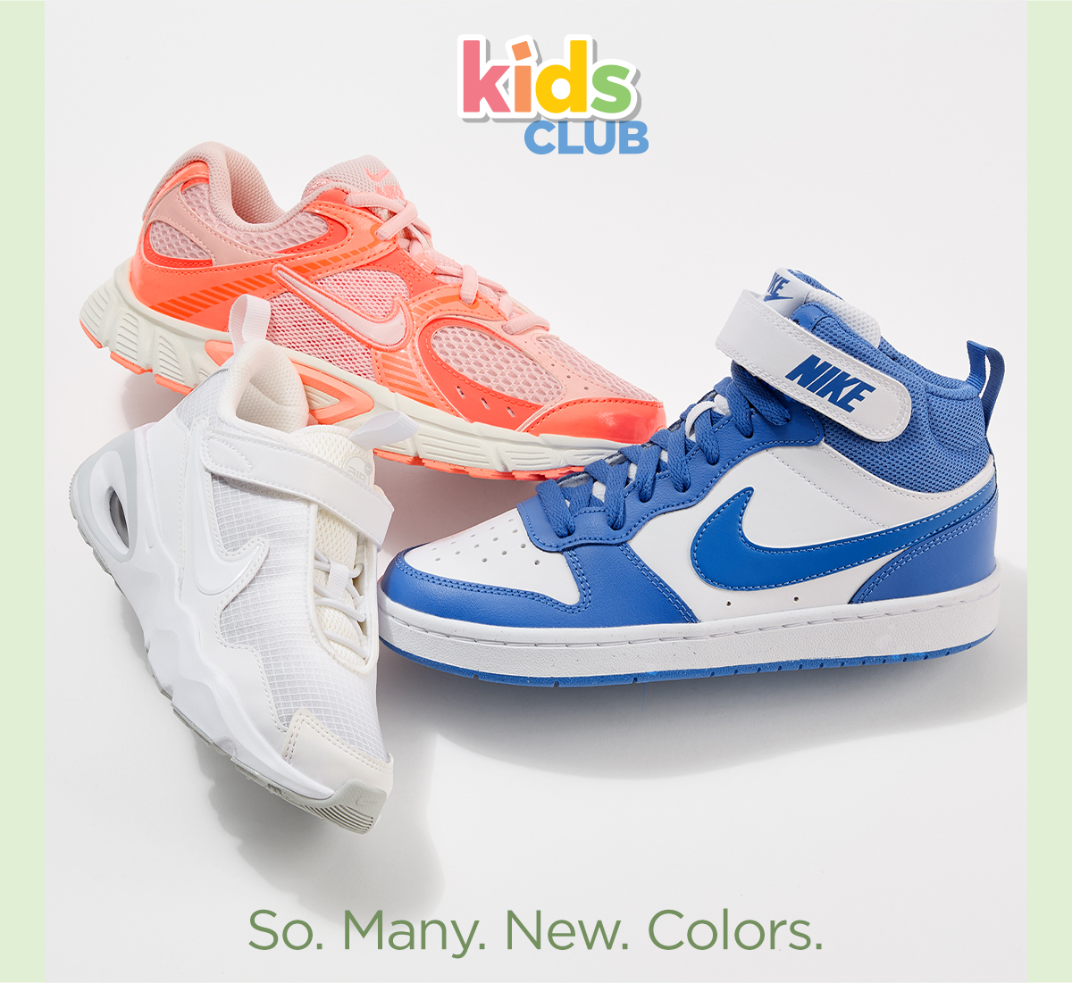 Kids Club | So. Many. New. Colors. | Sneaker Lineup Display of Kids' Nike Sneaker Styles