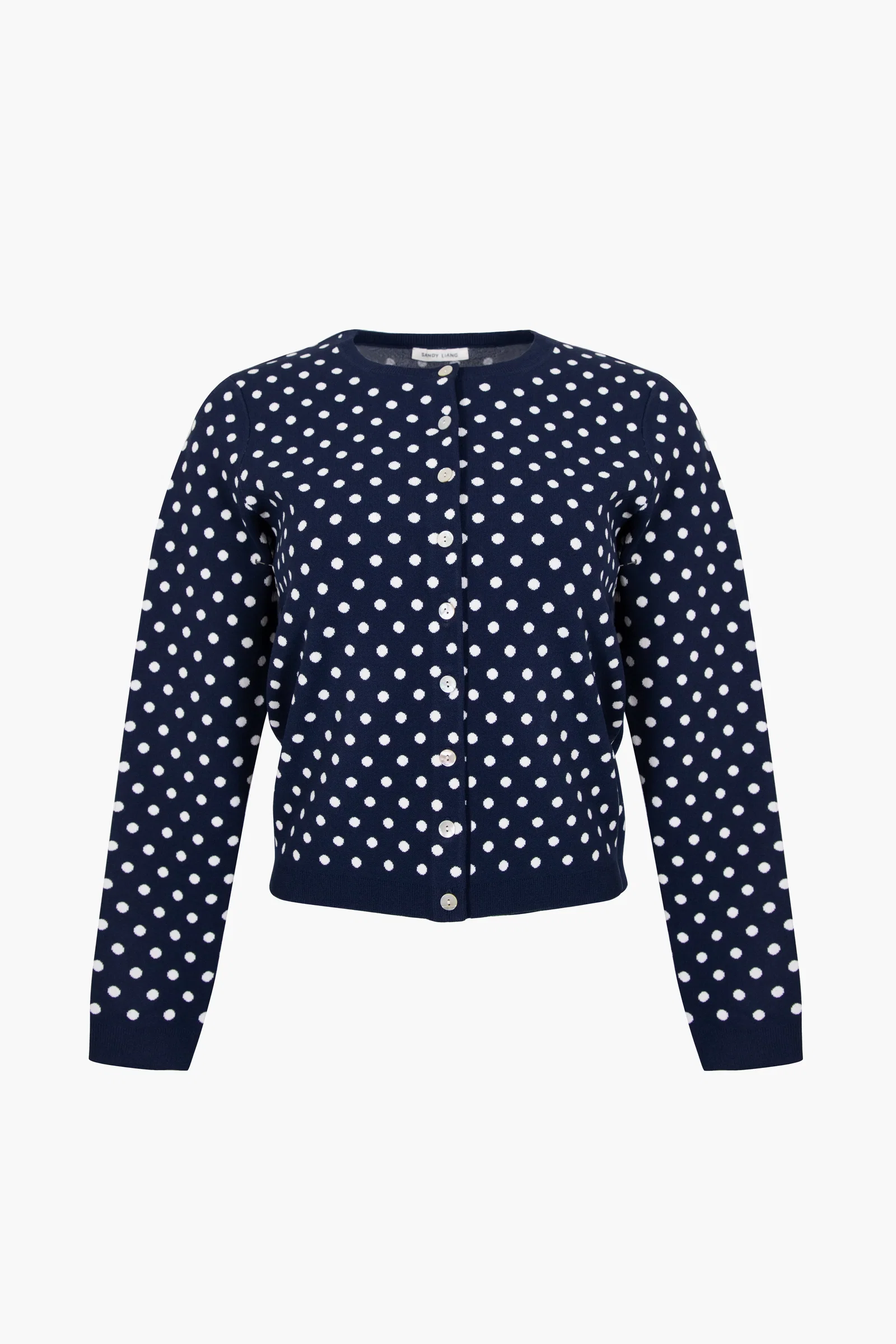 Image of FABLE CARDIGAN IN NAVY WHITE POLKA DOT