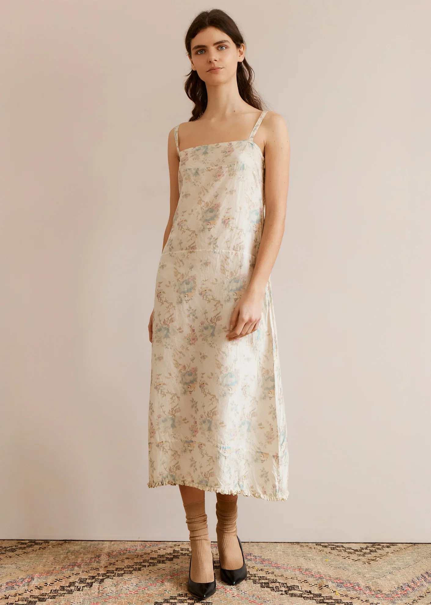 Image of WOMEN'S A-LINE SLIP DRESS - BLUE ROSE PRINT