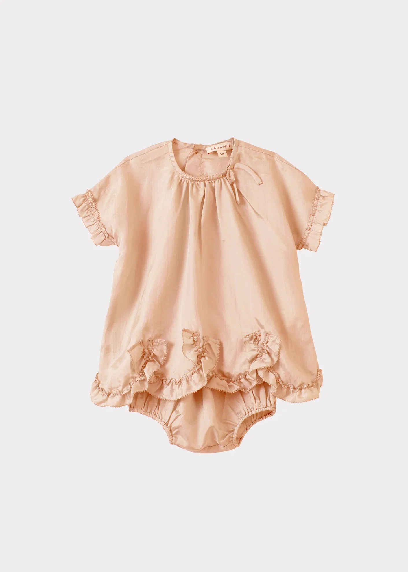 Image of SERAPHINA BABY GIRL'S PARTY SILK DRESS AND BLOOMERS SET - PEACH