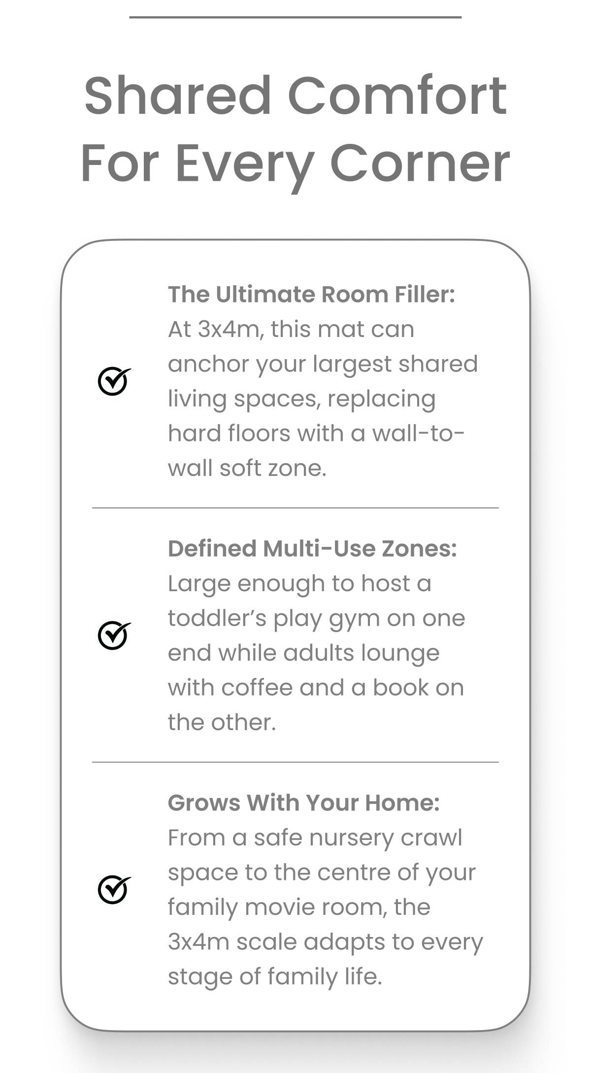 The text 'Shared Comfort For Every Corner' is displayed above a rounded white card containing three sections with checkmark icons and descriptive text...