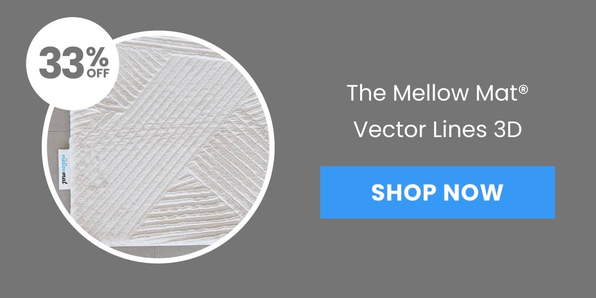 A close-up shot shows a textured, off-white mat with a geometric pattern, featuring a white circle with '33% OFF' text and a label reading 'mellow mat...