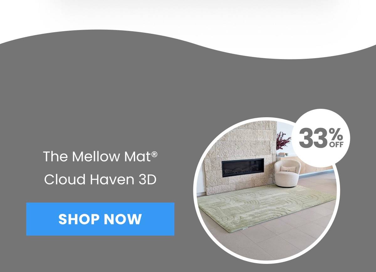 A medium shot displays text on the left reading 'The Mellow Mat® Cloud Haven 3D' above a blue 'SHOP NOW' button, while the right features a circular i...