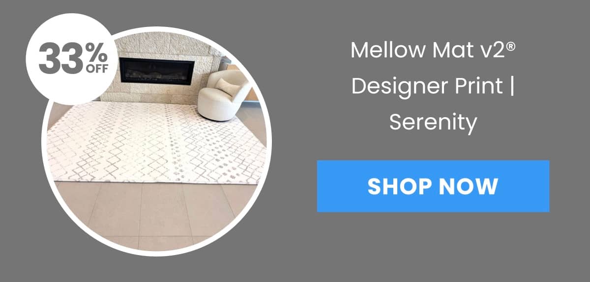 A white rug with a grey diamond pattern is laid out on a tiled floor in front of a fireplace and a curved armchair, with a circular graphic overlay in...