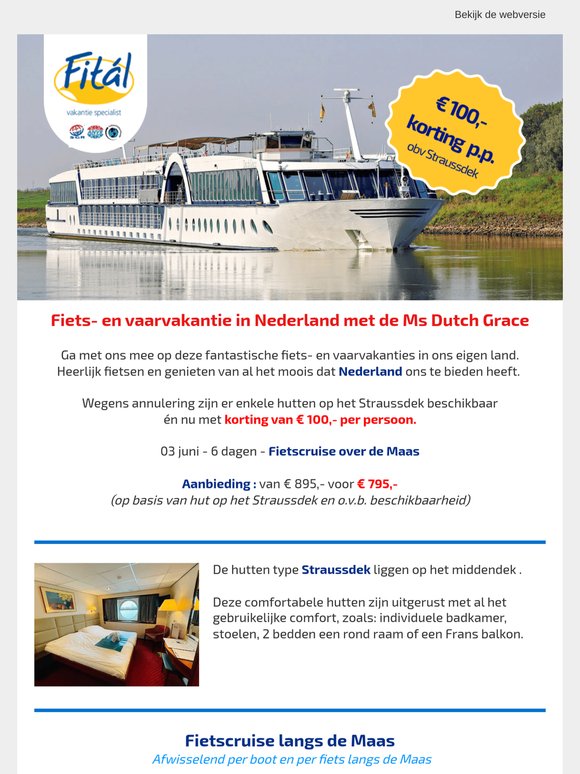 Fietscruise Nederland : € 100,- korting pp