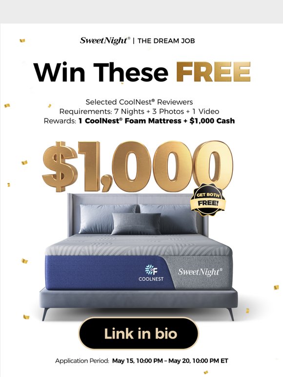 Apply Now to Win a Free Mattress + $1,000