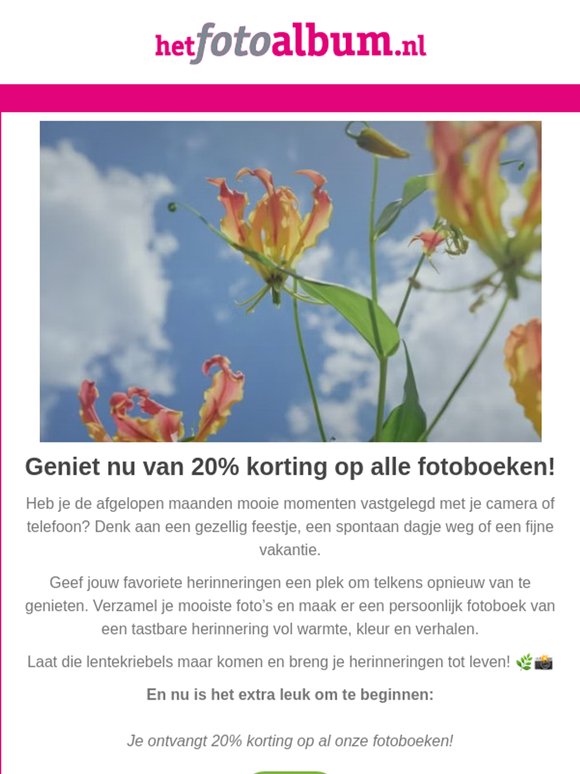En lekker lang weekend voor de boeg! Geniet daarom van 20% korting op al onze fotoboeken. 🌷
