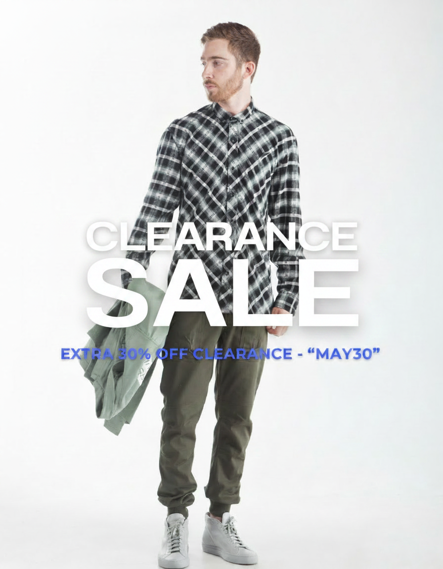 Man in plaid shirt and green pants advertises a clearance sale with "EXTRA 30% OFF CLEARANCE - "MAY30"".