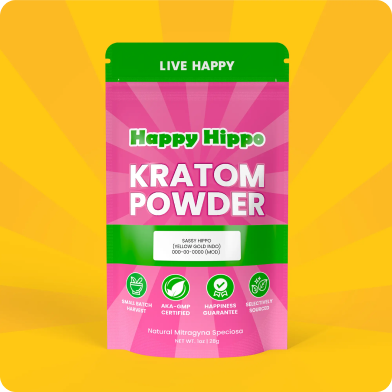 Sassy Hippo Kratom Powder stand-up pouch centered on a yellow background.