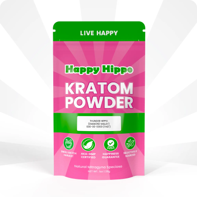 Thunder Hippo Kratom Powder stand-up pouch centered on a white background.