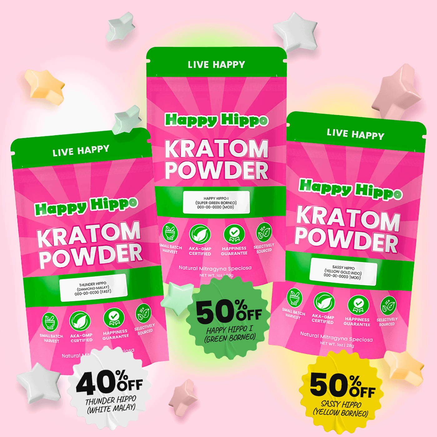 Three “Happy Hippo Kratom Powder” pouches with discount badges (40–50% off) and colorful star decorations
