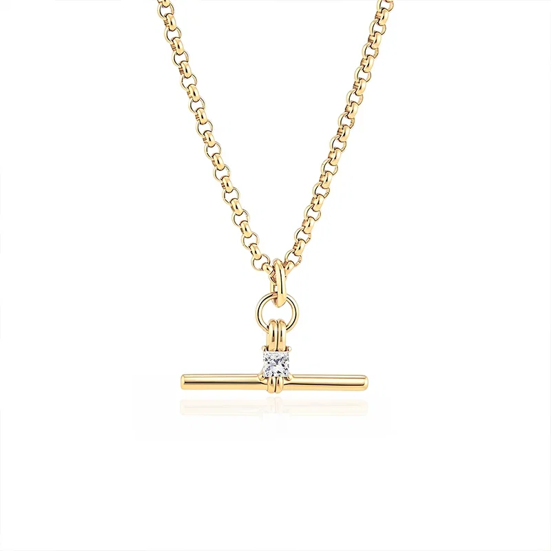 "Andy" Style Gold T-Bar Necklace with Square Stone