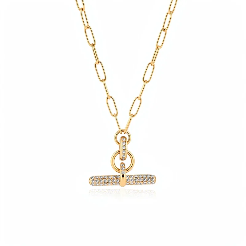 "Andy" Style Gold Pave Paperclip Chain T-Bar Necklace