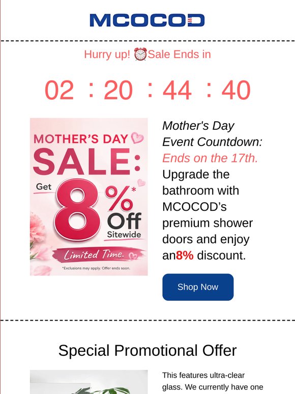 Limited-time: Get 8% off all MCOCOD shower doors—don’t miss out!