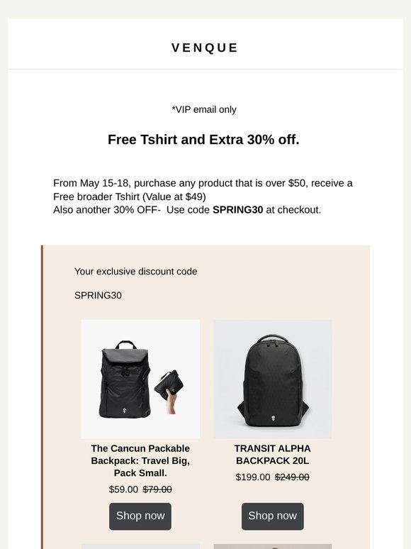 Free Tshirt Week! - and Your extra 30% off — 6 bags, one code