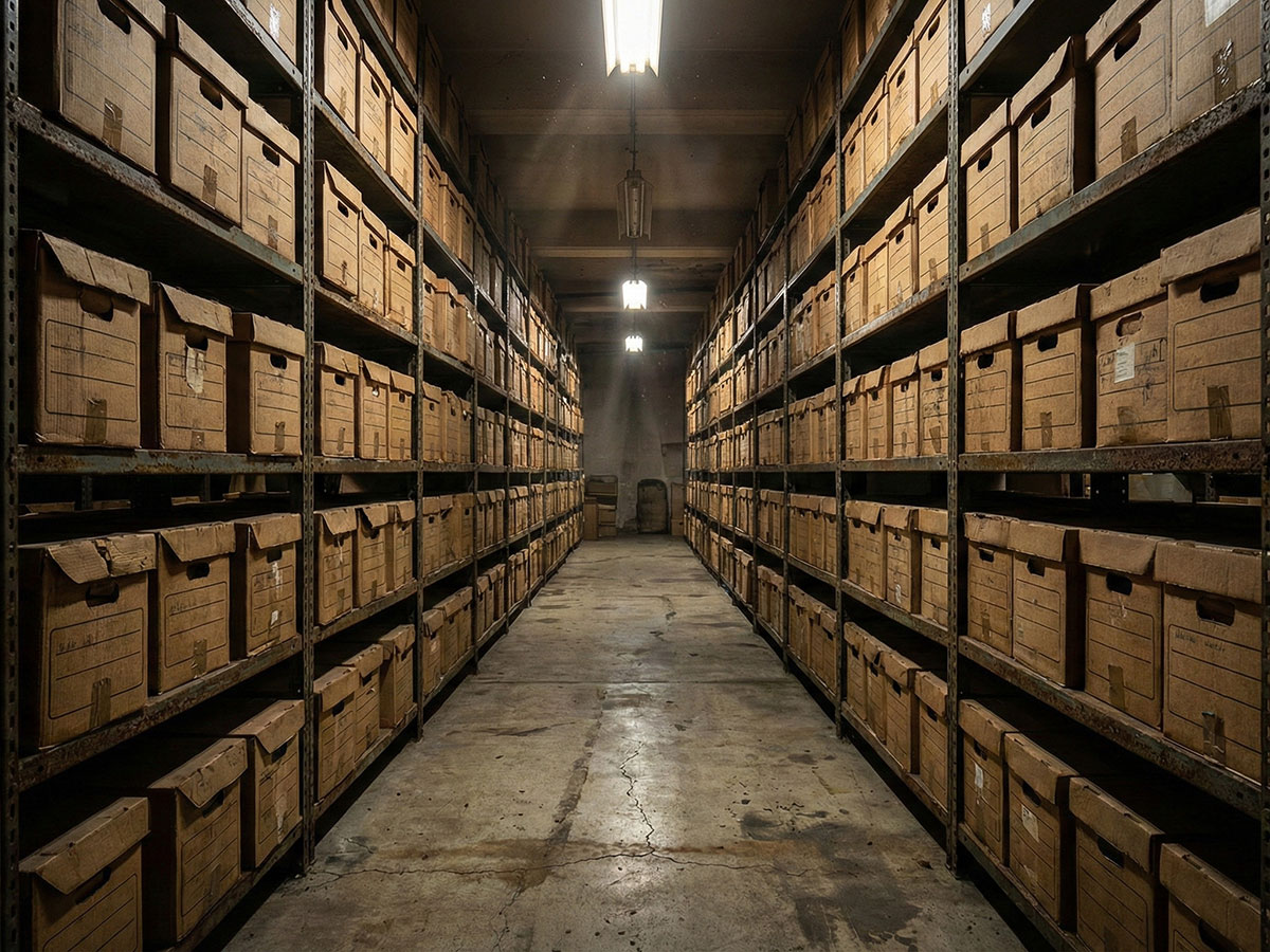 Dimly lit archive room filled with cardboard storage boxes