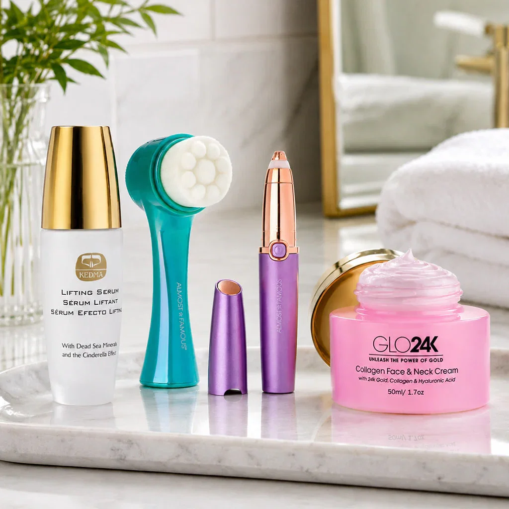 Daily Skincare Essentials collection featuring lifting serum, facial brush, lipstick, and collagen face cream on marble vanity.