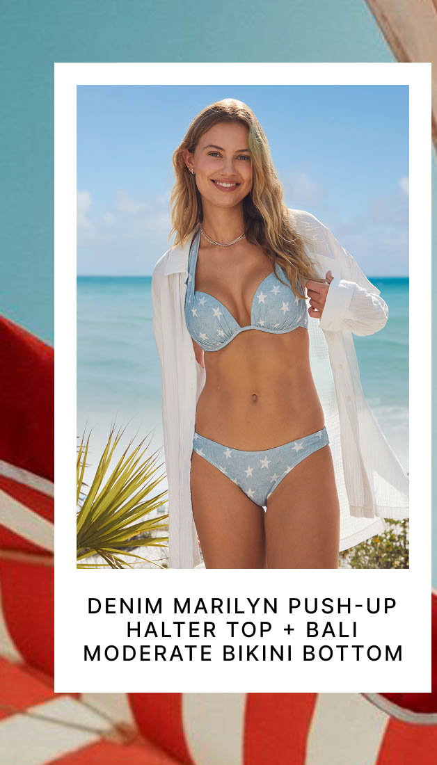 Denim Marilyn Push-Up Halter Top + Bali Moderate Bikini Bottom