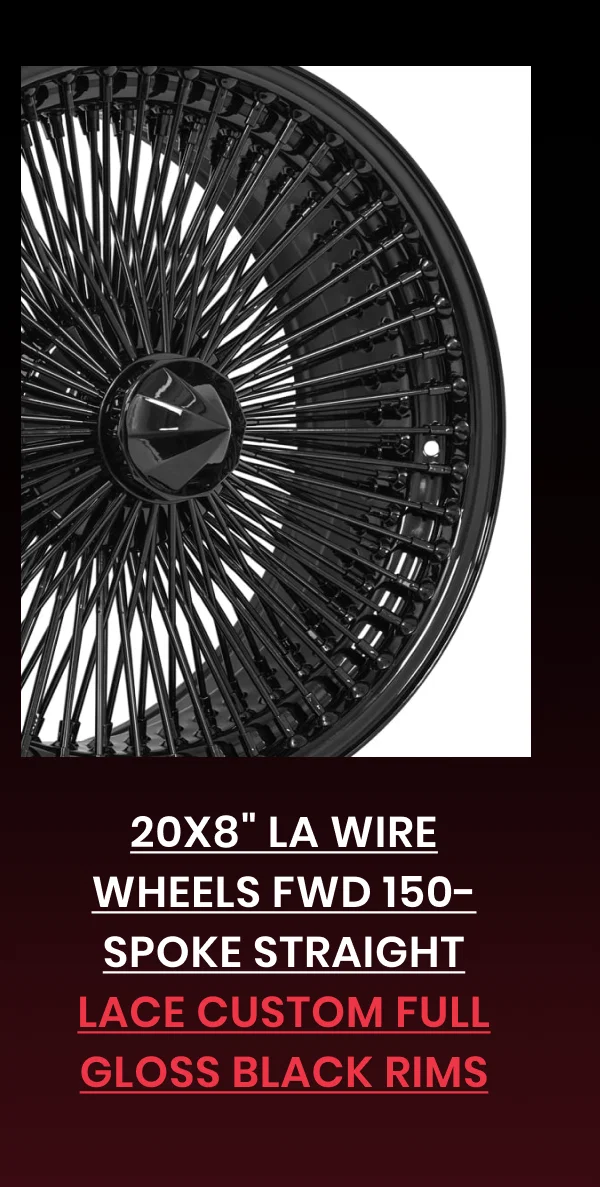 20x8" LA Wire Wheels FWD 150-Spoke Straight Lace Custom Full Gloss Black Rims