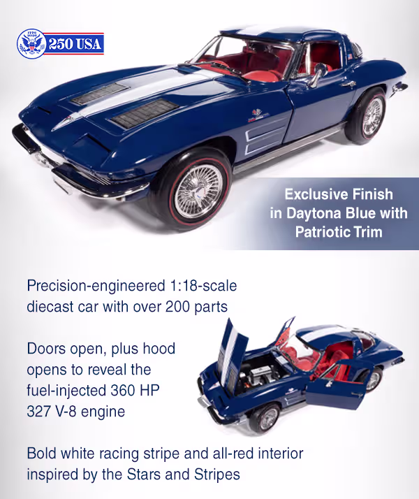 It boasts an exclusive finish in Daytona Blue with patriotic trim, and over 200 individual parts