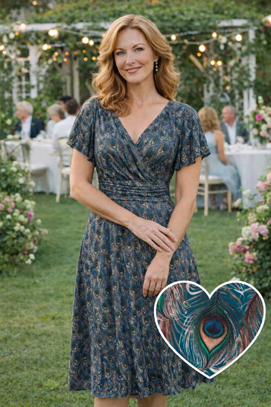 Image of Donna Peacock Feather Crossover Bust Dress