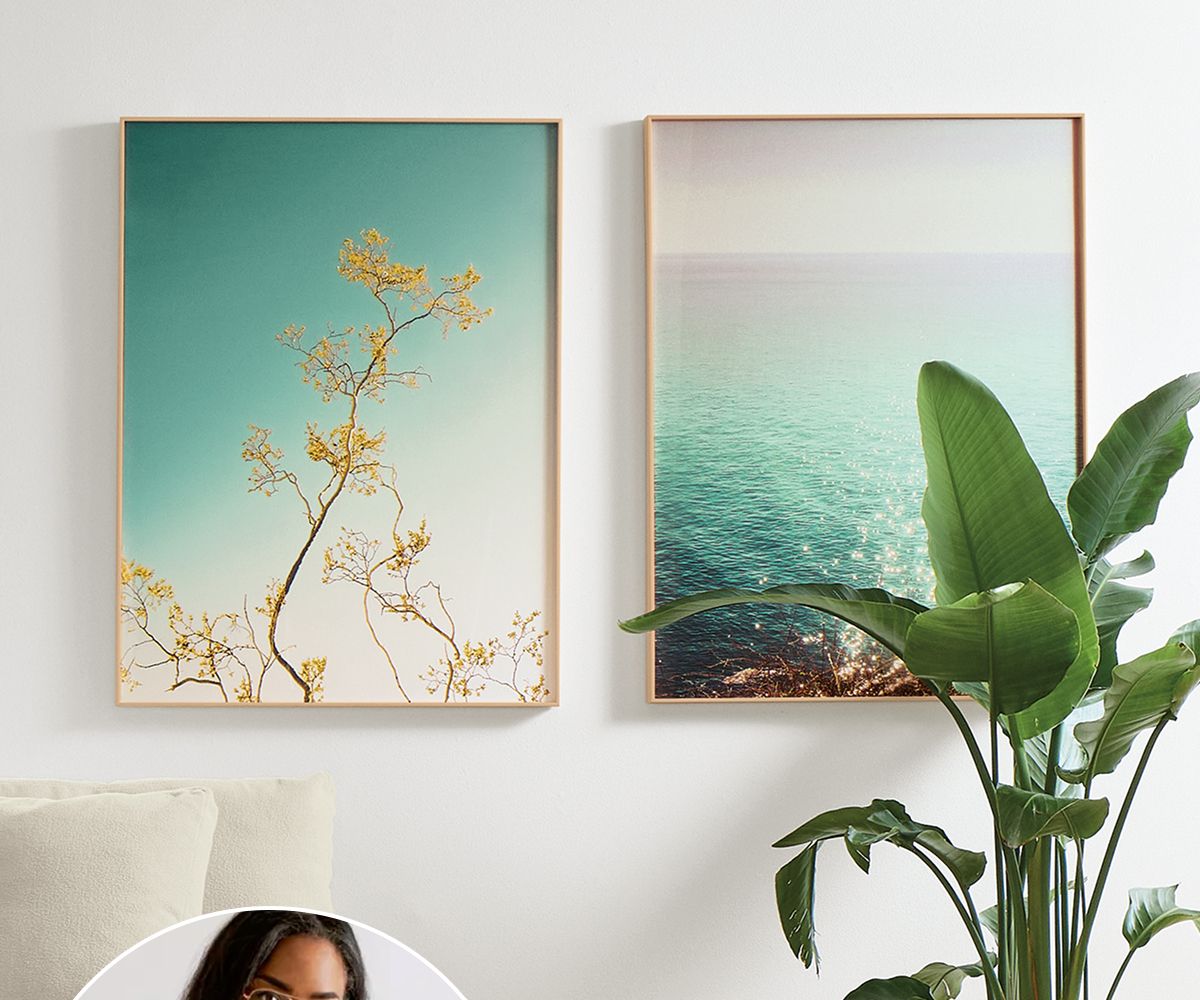 Two framed prints of a tree and ocean in soft blue and green tones hang above a large leafy plant.