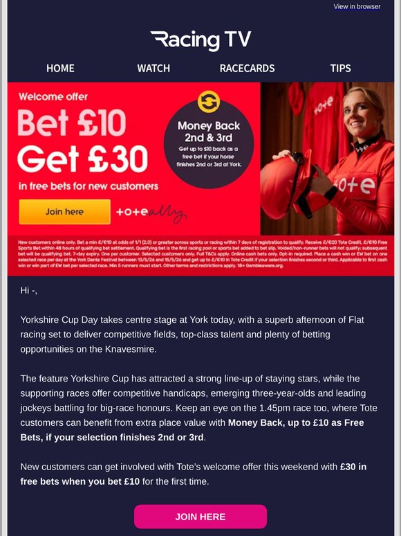 —, get £30 in free bets for Yorkshire Cup Day with Tote 🏆