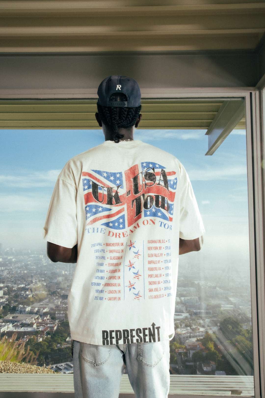 Model wearing the SS26 Dream On Tour T-Shirt in Washed Ecru