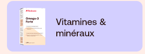 Produit Redcare Omega-3 Forte à côté du titre « Vitamines & minéraux ». Accent sur les nutriments essentiels pour soutenir la santé et le bien-être. Découvrez dès maintenant les vitamines et minéraux adaptés.