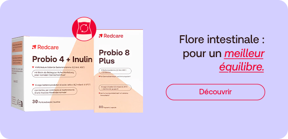 Deux produits Redcare Probio 4 + Inuline et Probio 8 Plus mis en avant. Accent sur le soutien de la flore intestinale pour un meilleur équilibre. Message clair pour le bien-être au quotidien. À découvrir dès maintenant.