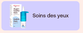 Gouttes et spray oculaires Redcare à côté du titre « Soins des yeux ». Soin ciblé pour hydrater et apaiser les yeux sensibles au quotidien. À découvrir pour plus de confort visuel.