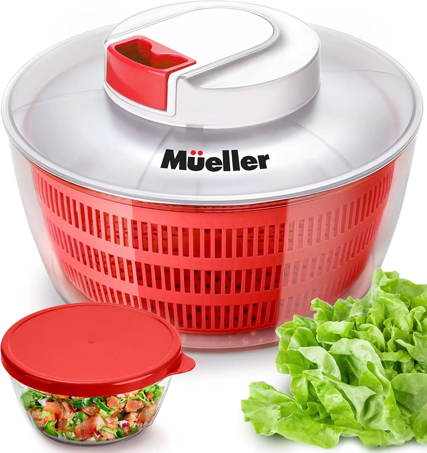 Image of Mueller Salad Spinner with QuickChop Pull Chopper, Vegetable Washer with Bowl, Anti-Wobble Tech, Lockable Colander Basket and Lid with Pull Cord - Lettuce Washer and Dryer