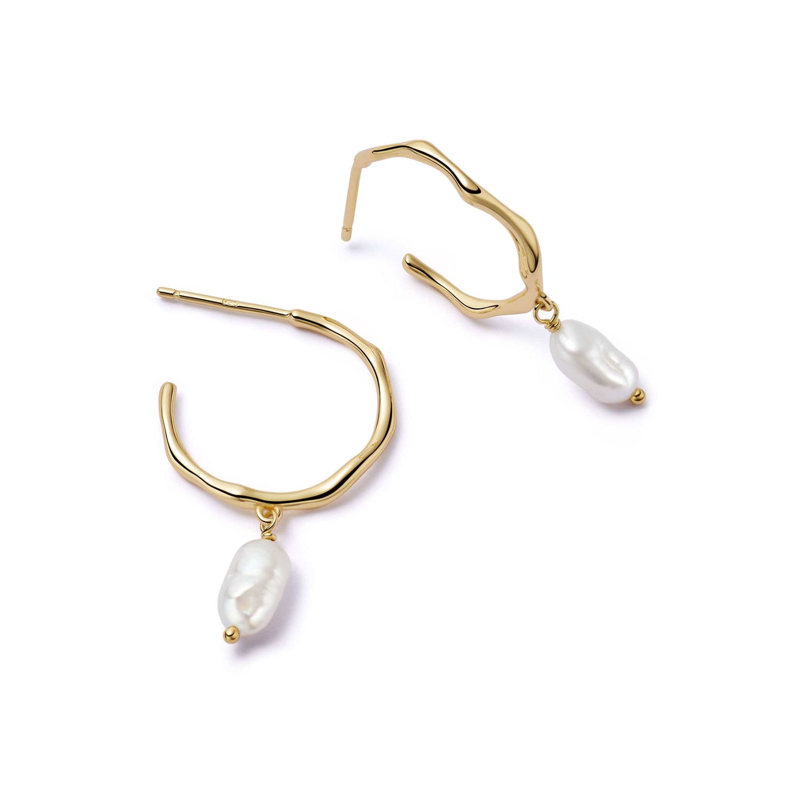 Image of Organic Hoop Pearl Drop Earrings 18ct Gold Plate