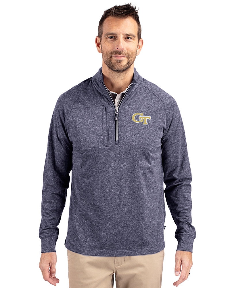 Image of Georgia Tech Yellow Jackets - Cutter & Buck Adapt Recycled Soft Knit Stretch Mens Heathered Quarter Zip Pullover 