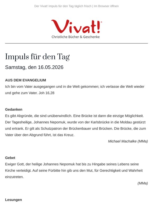 Impuls für Samstag, den 16.05.2026 - von Vivat!