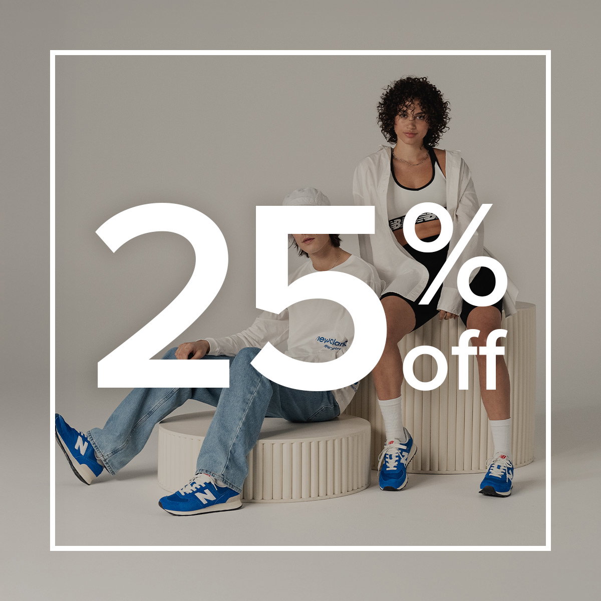 Man and woman pictured wearing New Balance clothing and apparel with text overlay reading '25% off'.