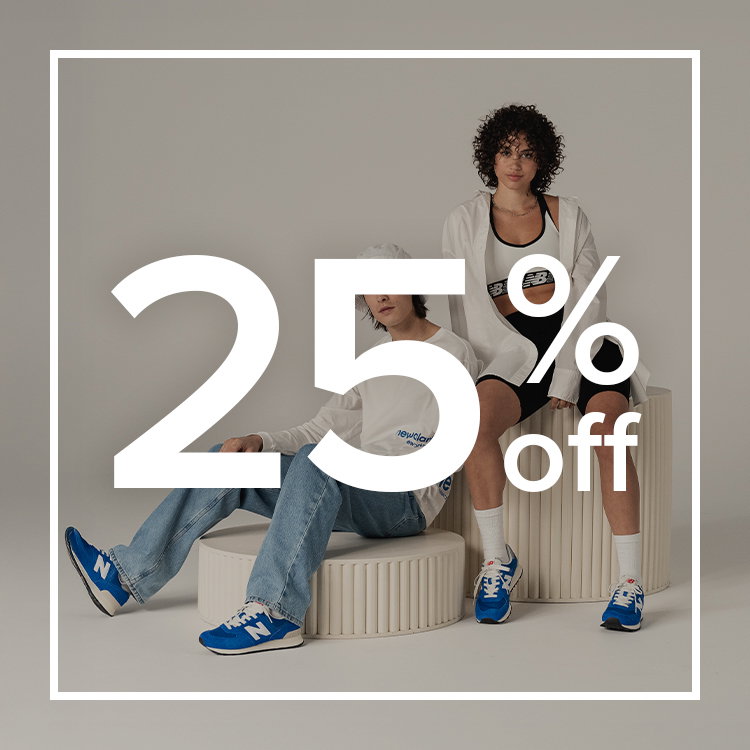 Man and woman pictured wearing New Balance clothing and apparel with text overlay reading '25% off'.
