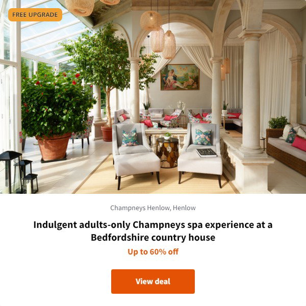 Indulgent adults-only Champneys spa experience at a Bedfordshire country house