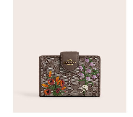 Medium Corner Zip Wallet In Signature Jacquard With Floral Embroidery