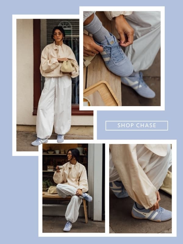 Multiple images of a woman wearing the pale blue Gola Chase