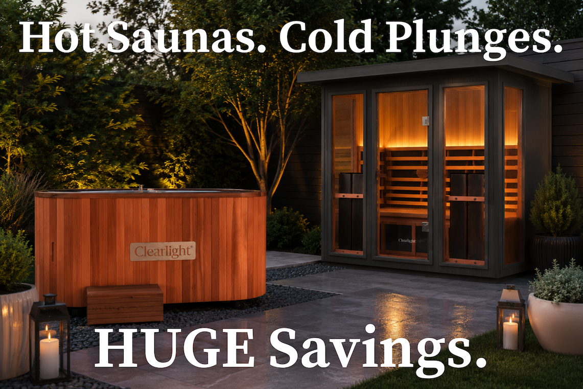 Outdoor sauna and hot tub with text "Hot Saunas. Cold Plunges. HUGE Savings."