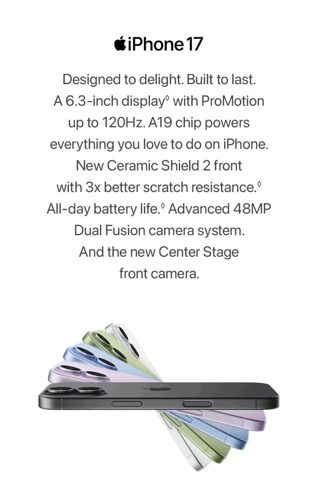 A series of iPhone 17 phones cascading in different colours 